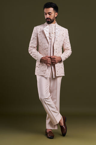Peach Satin Organza Embellished Men's Kurta with Jacket