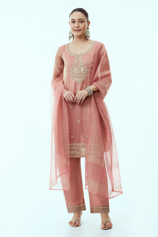 Peach Tissue Kurta Set with Aari Embroidery