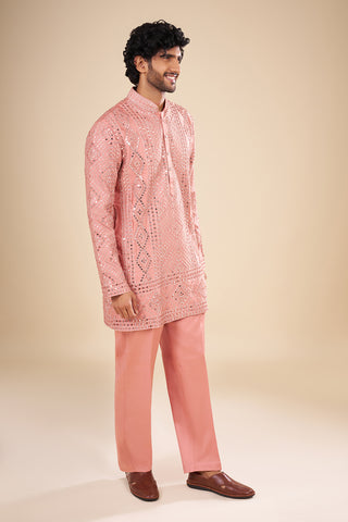 Peach Silk Kurta Set with Mirror Embroidery
