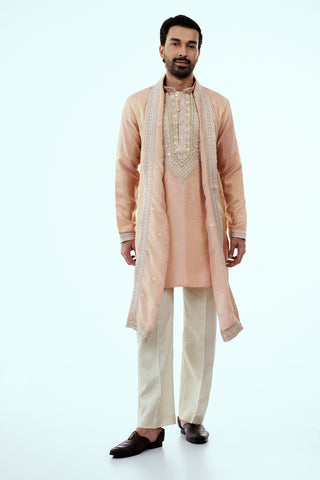 Peach Tissue Mens Kurta Set in Dori Work with Dupatta