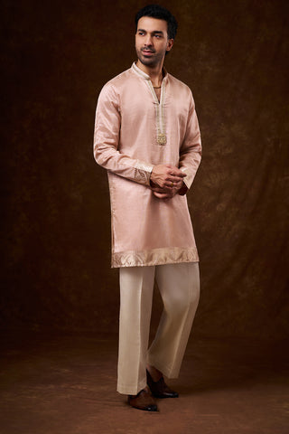 Peach Tissue Silk Men's Kurta Set with Lace Detailing