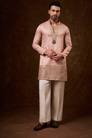 Peach Tissue Silk Men's Kurta Set with Zari Work
