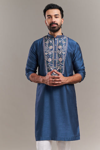 Peacock Blue Nokia Silk Floral Yoke Men's Kurta Set