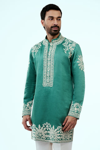 Peacock Green Linen Silk Mens Kurta Set with Resham Embroidery