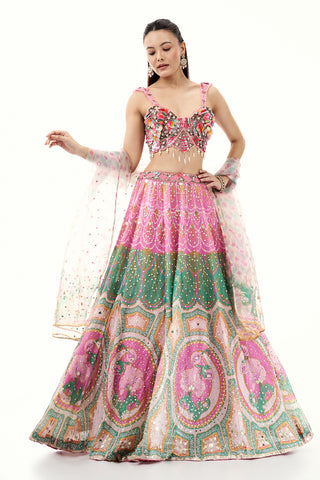 Pink 3D Floral Sequins Lehenga with Tassels