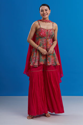 Rust Red Pure Chiffon Indo-Western Set with Thread Embroidery
