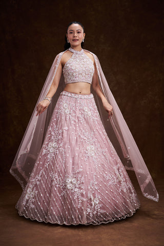 Pink Net Bridal Lehenga with Ornate Halter Blouse and Embellished Dupatta