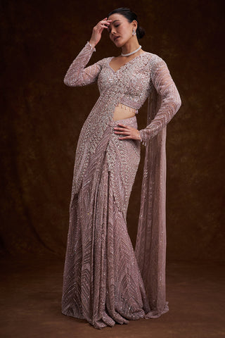 Pink Net Indo-Western Saree with Cutdana, Sequins, and Bead Work
