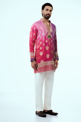 Pink Ombre Nokia Silk Mens Kurta Set with Banarasi Buti Work