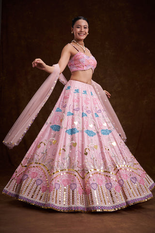 Pink Raw Silk Contemporary Lehenga with Cutdana and Acrylic Plastic Foil Work