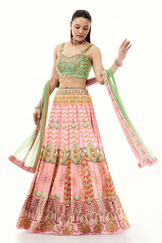 Pink Satin Crepe Lehenga with Mint Green Embellished Blouse