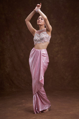 Pink Shimmer Satin Draped Skirt Set
