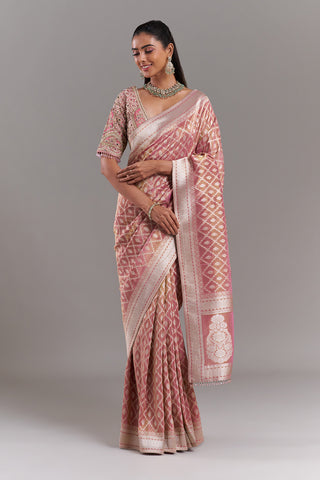 Pink Shimmer Tissue Banarasi Printed Saree with Stitched Blouse