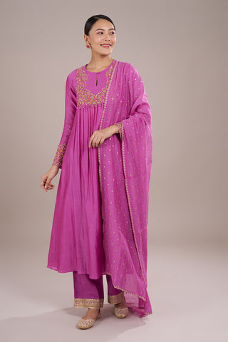 Pink Silk Blend Anarkali Kurta Set with Zari Embroidery