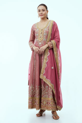 Pink Tissue Anarkali Set with Mirror Work