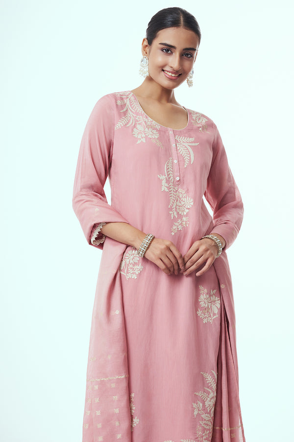 Pink Tissue Kurta Set with Applique Work
