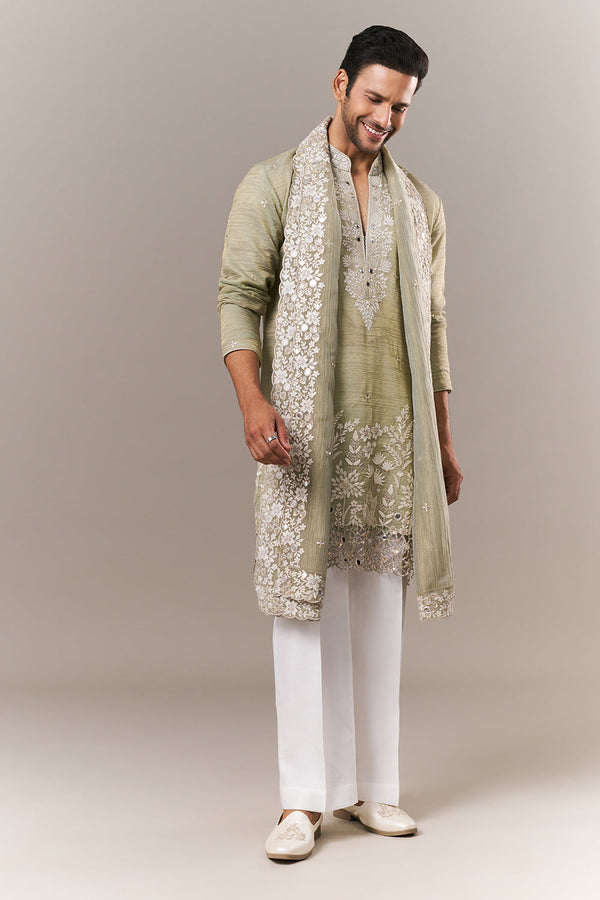 Pista Green Crush Mens Kurta Set with Dori and Mirror Work