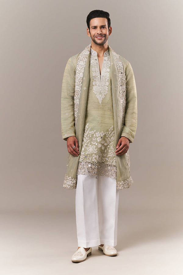 Pista Green Crush Mens Kurta Set with Dori and Mirror Work