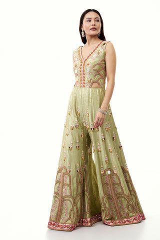 Pista Green Raw Silk Jumpsuit with Colourful 3D Work