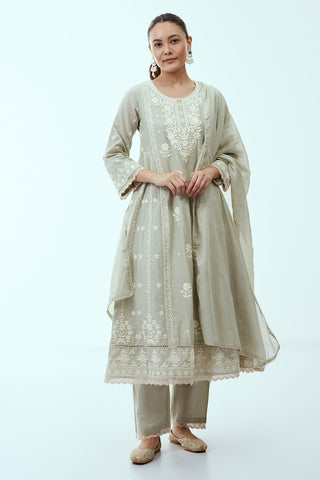 Pista Green Mul Cotton Anarkali Set with Lucknowi Embroidery