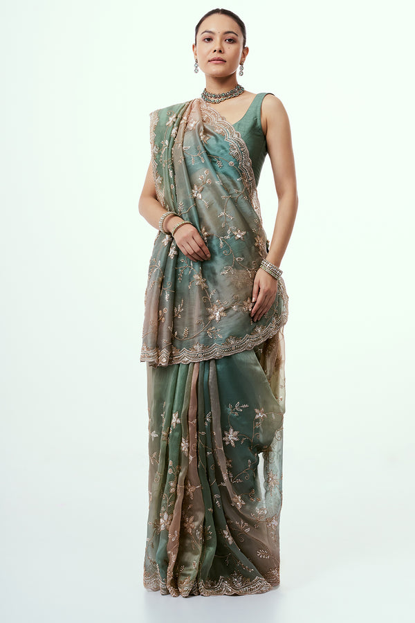 Pista Green Shimmer Zari Tissue Saree with Beadwork