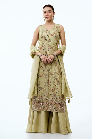 Pista Green Tissue Silk Palazzo Set With Cutdana and Resham Work