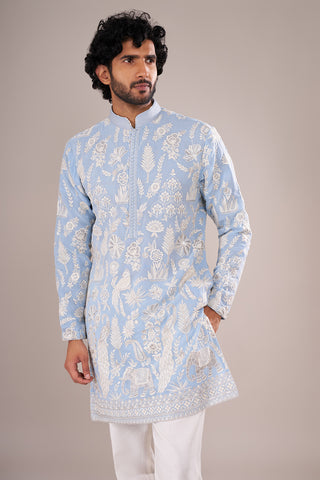 Powder Blue Men's Embroidered Silk Blend Kurta Set