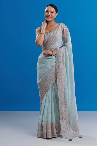 Powder Blue Satin Organza Saree with Resham Work And Stitched Blouse