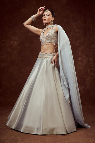 Powder Blue Shimmer Tissue Bridesmaid Lehenga with Crystal Stones work