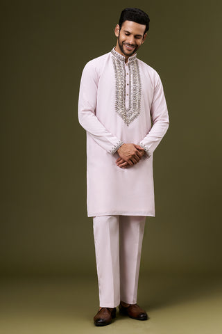 Powder Pink Georgette Mens Kurta Set with Sequin and Bead Work