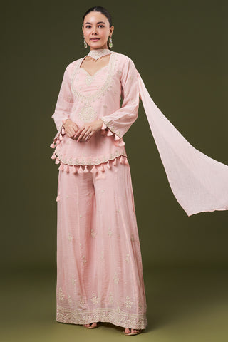 Powder Pink Mul Cotton Palazzo Suit with Thread and Pearl Work