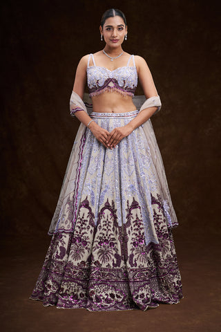Purple and Cream Taffeta Bridal Lehenga with Cutdana and Sequin Embroidery