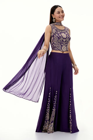 Purple Chinon Crop Top and Palazzo Set with Handwork