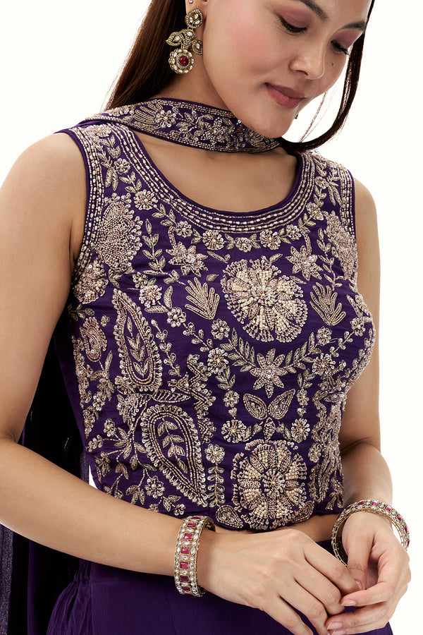 Purple Chinon Crop Top and Palazzo Set with Handwork