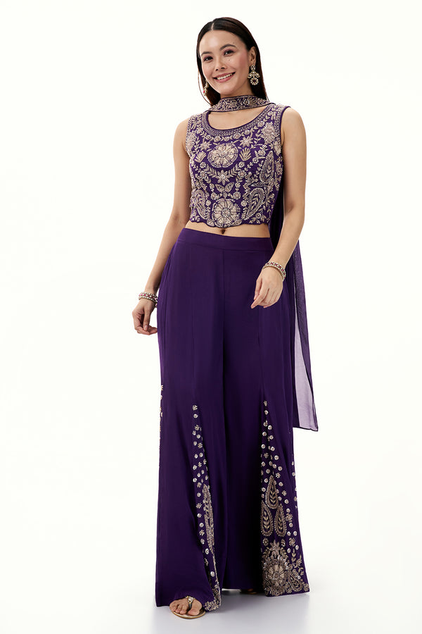 Purple Chinon Crop Top and Palazzo Set with Handwork