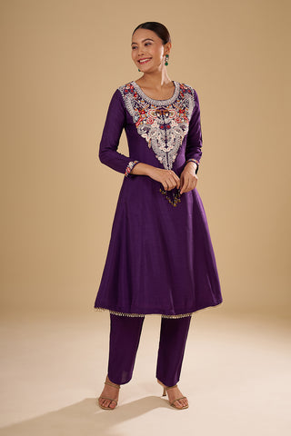 Purple Pure Silk Semi Anarkali Set