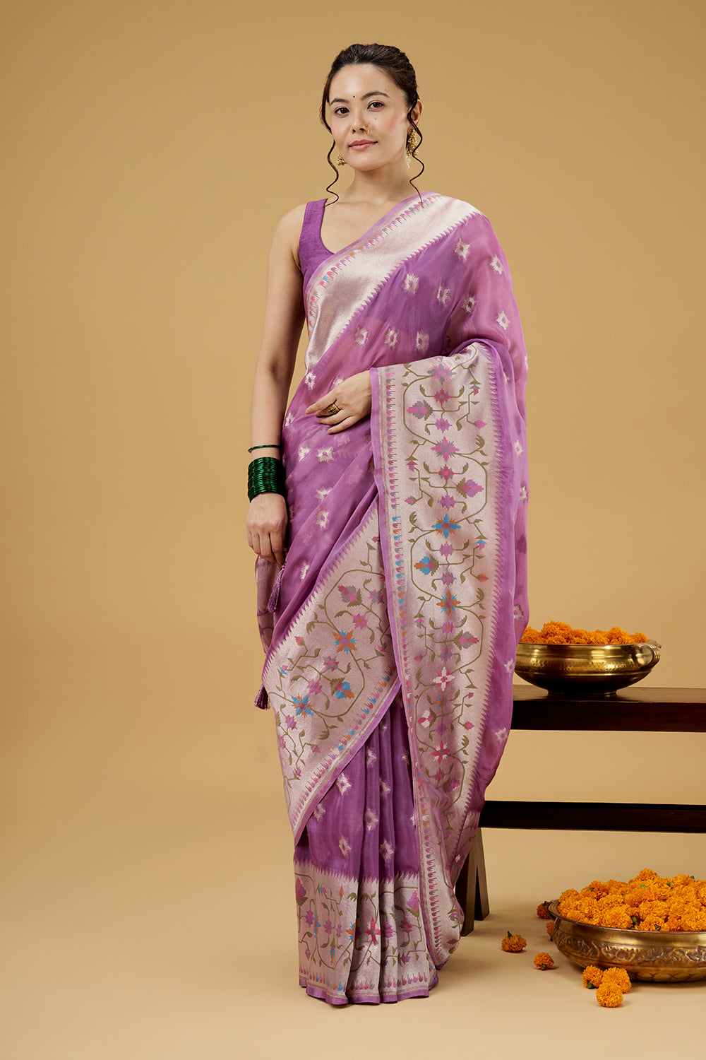 Purple Tissue Saree with Multicolored Thread Work