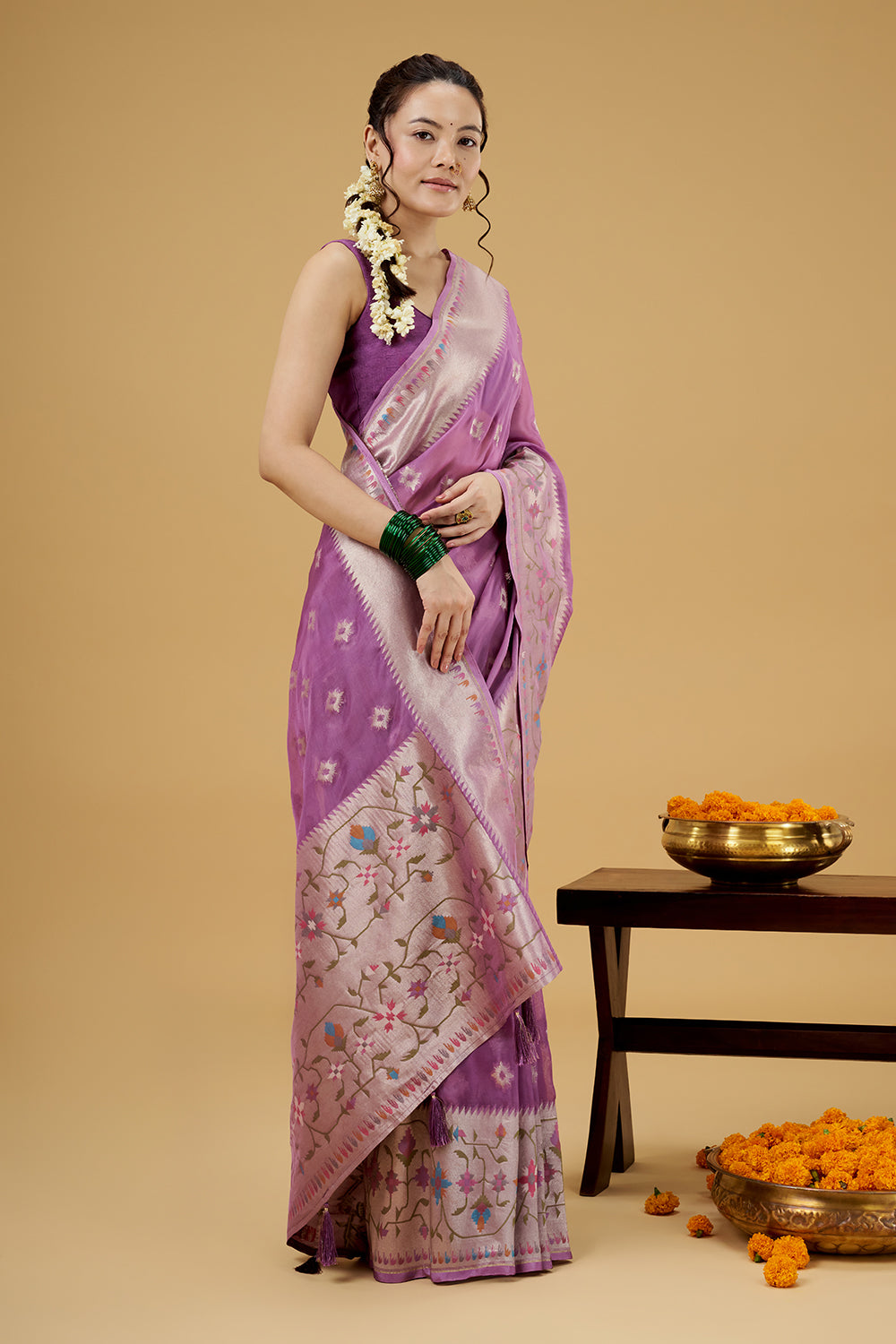 Purple Tissue Saree with Multicolored Thread Work