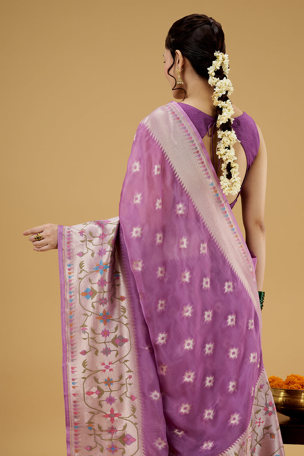 Purple Tissue Saree with Multicolored Thread Work
