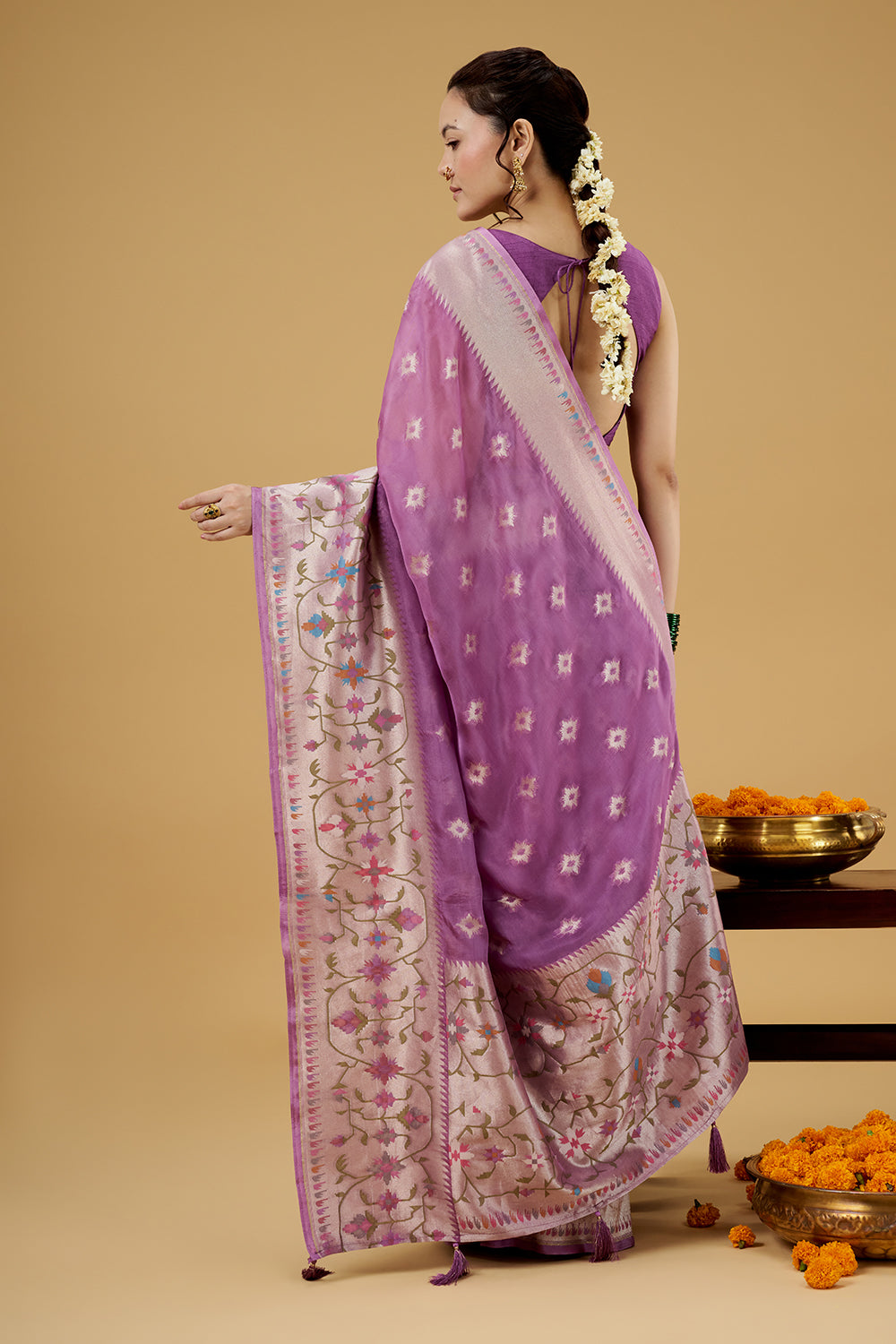 Purple Tissue Saree with Multicolored Thread Work
