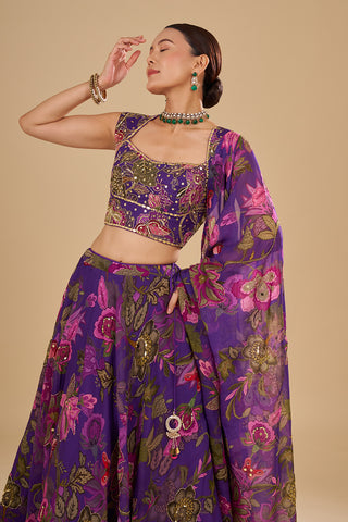 Purple Lehenga with Light and Dark Pink Floral Accents