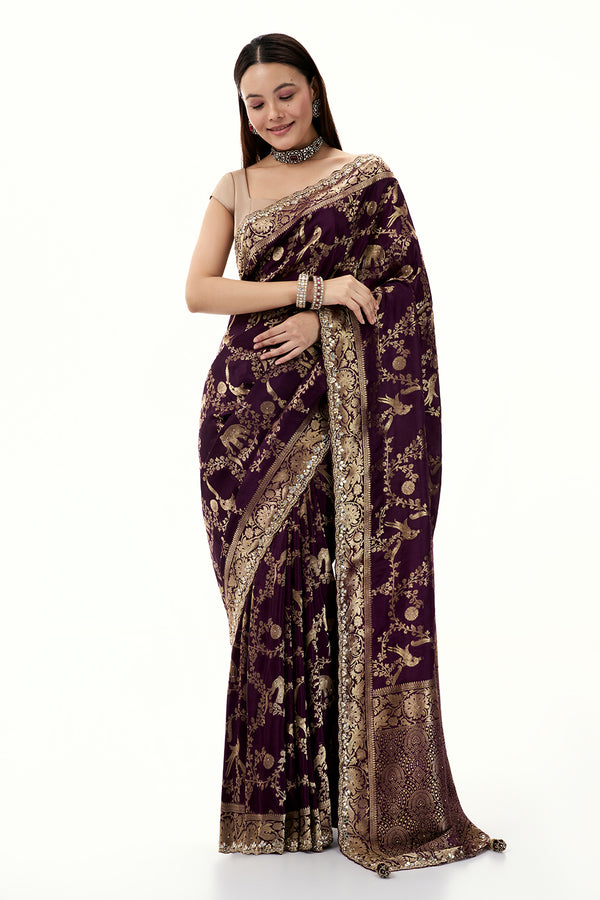 Purple Woven Banarasi Brocade Saree with Mirror and Cutdana Work