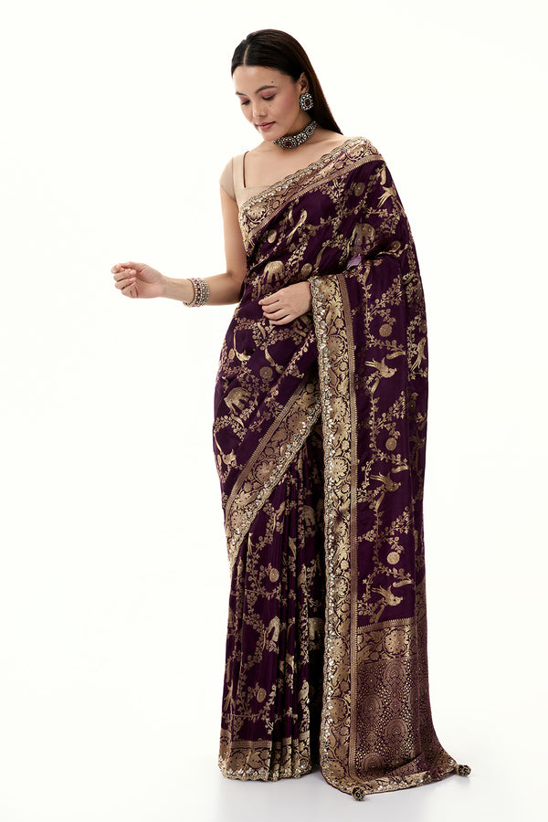 Purple Woven Banarasi Brocade Saree with Mirror and Cutdana Work