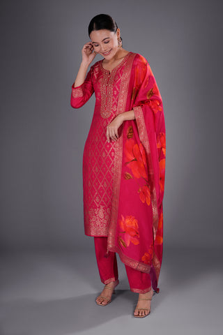 Rani Pink Banarasi Silk Kurta Set with Zari Buti Embroidery