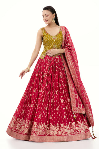 Rani Pink Brocade Lehenga with Resham and Sequin Work