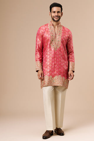 Rani Pink Brocade Silk Mens Kurta Set with Zari Work