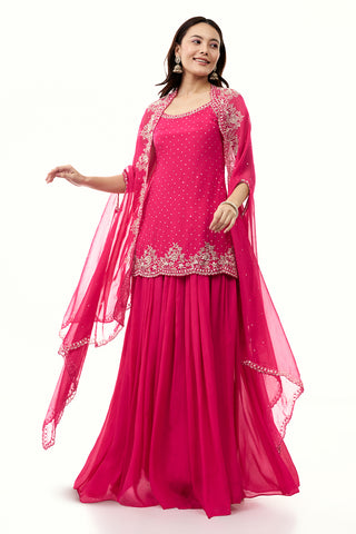 Rani Pink Chinon Palazzo Set with Cape and Handwork