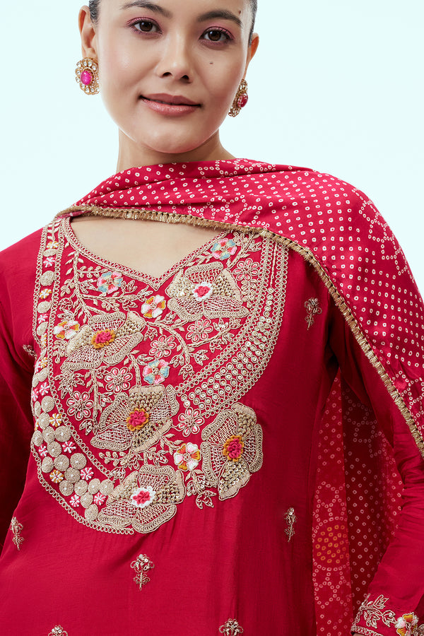 Rani Pink Cotton Silk Long Top and Skirt Set with Zardosi Work and Satin Bandhani Dupatta