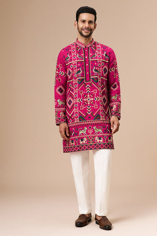 Rani Pink Cotton Silk Mens Kurta Set with Multicolour Thread Work