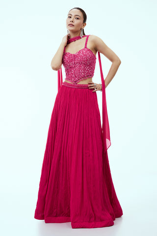 Rani Pink Crepe Lehenga with Hand Embroidered Corset Blouse